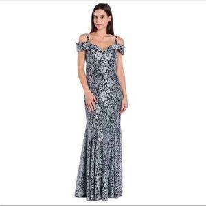 R&M Richards Navy and Silver Lace Off-Shoulder Evening Gown